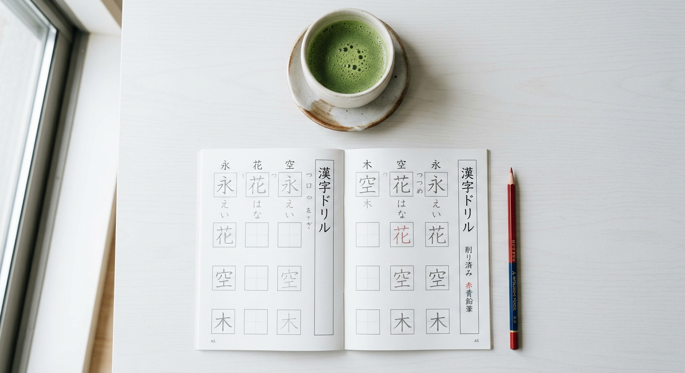 Japanese study materials with kanji workbook, red pencil and matcha tea — JLPT 2026 exam preparation