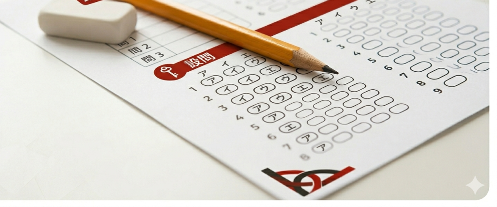 JLPT-style multiple-choice answer sheet with pencil
