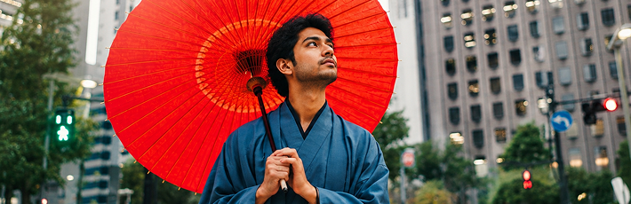 Man with a traditional Japanese wagasa umbrella