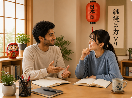Two people practising Japanese conversation in a cafe
