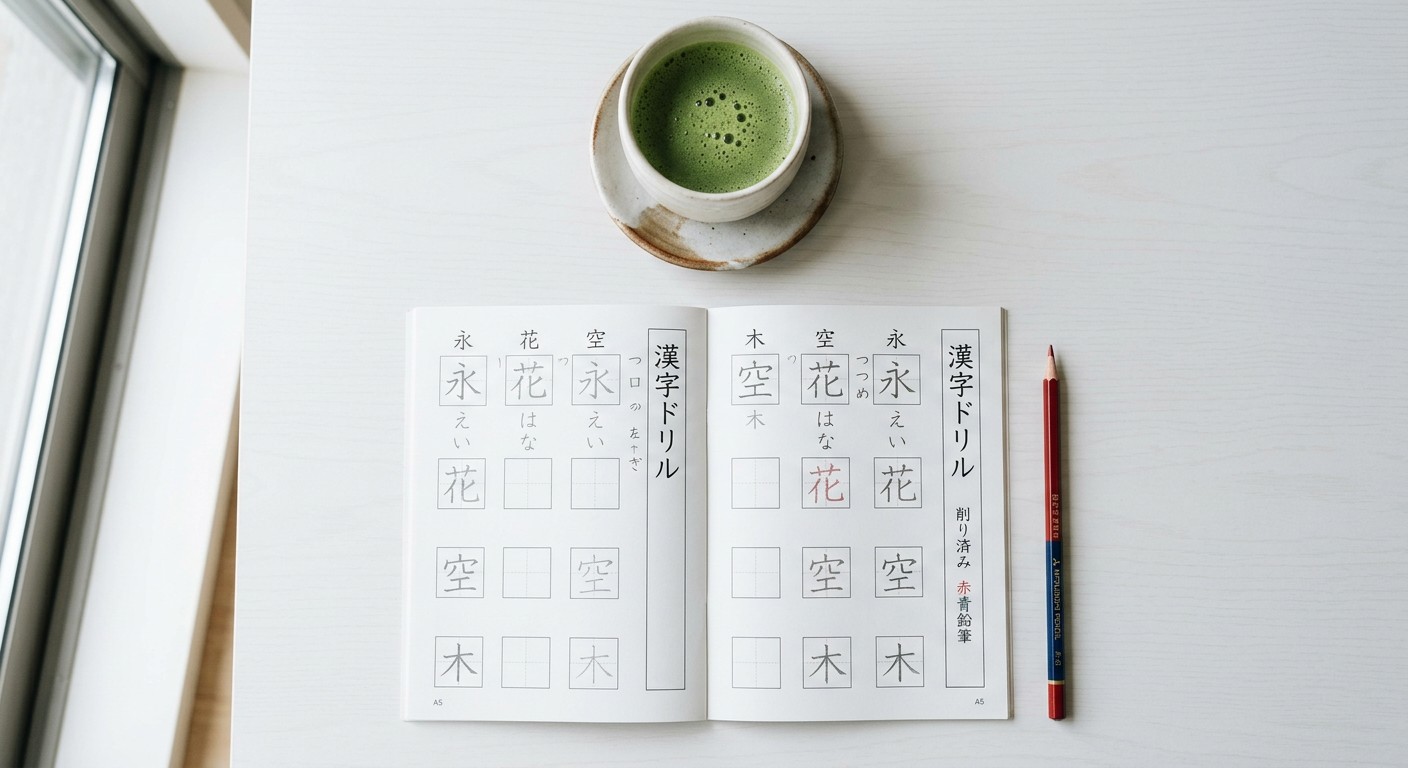 Flat lay of Japanese study materials with matcha and a textbook