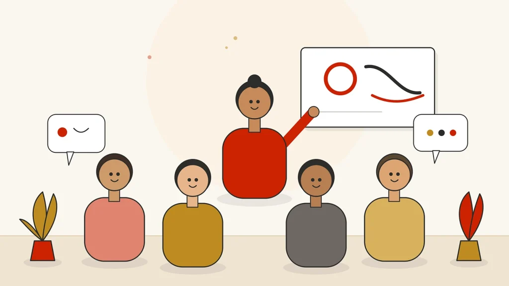 A friendly Japanese language class with a teacher and learners around a board, in Saachi's brand style
