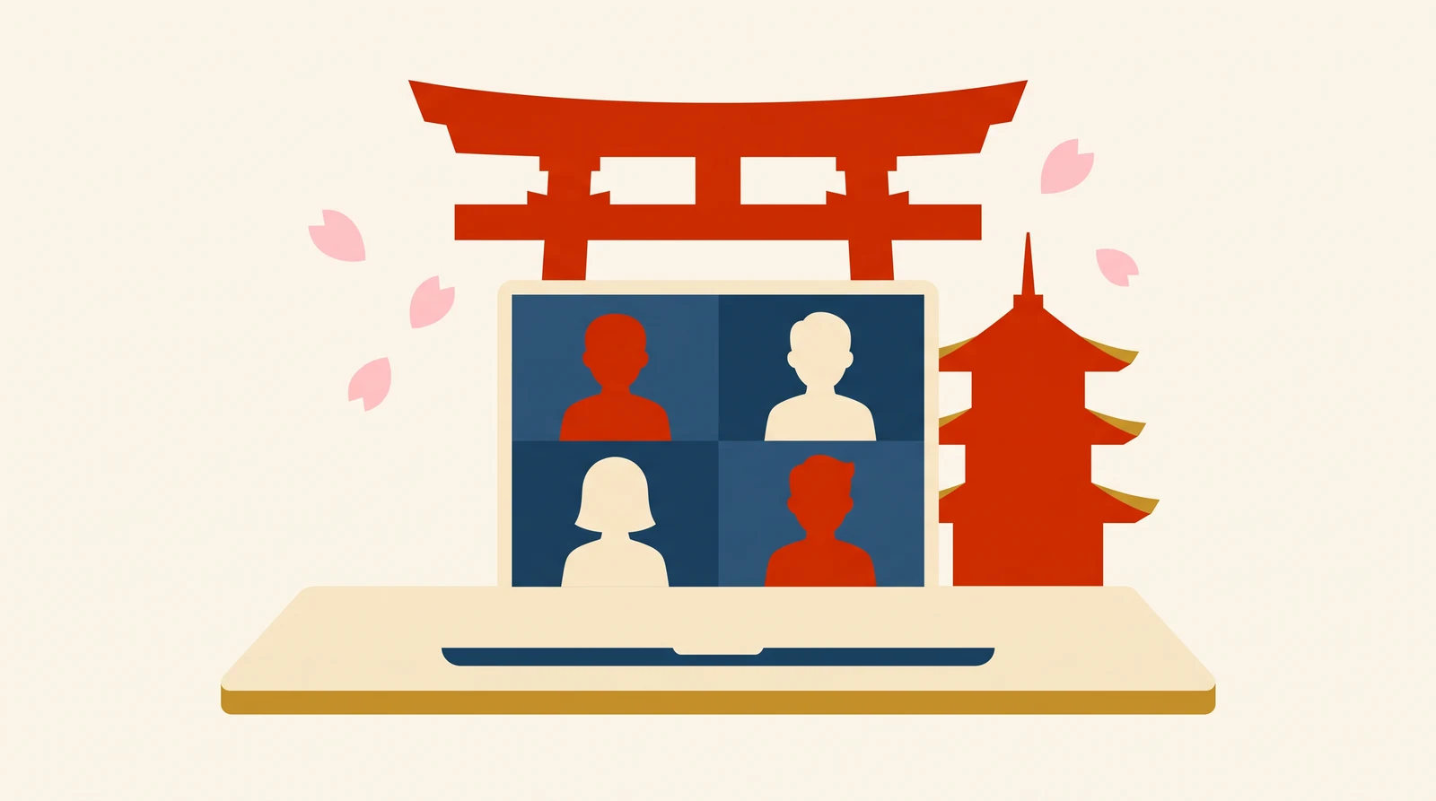 Flat vector illustration of a laptop showing four students in a live online Japanese class, with a red torii gate and pagoda behind it